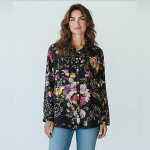 Caite & Kyla Tierra Blouse Women's Floral Button-Up Roll Tab Sleeves Size Small